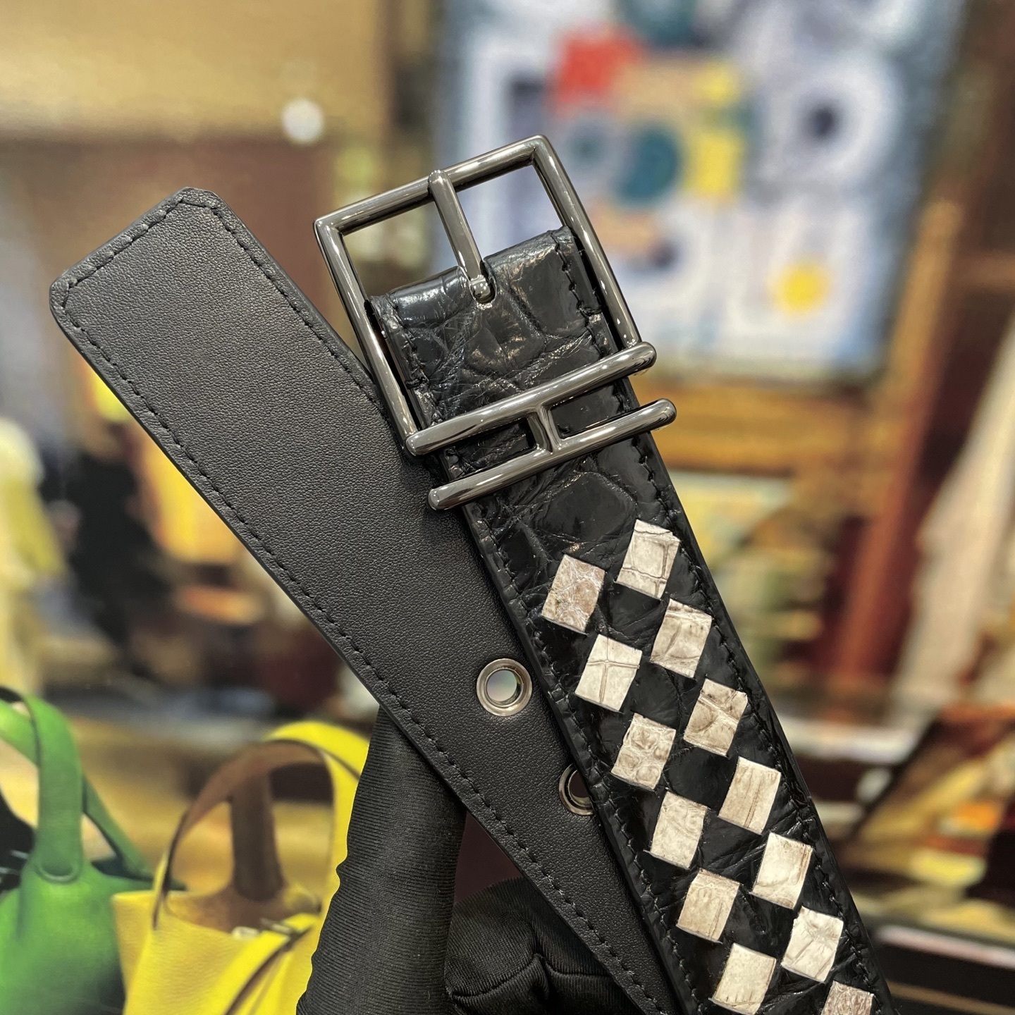 Luxury Woven Crocodile Leather Belt - Two-Tone Exotic Design