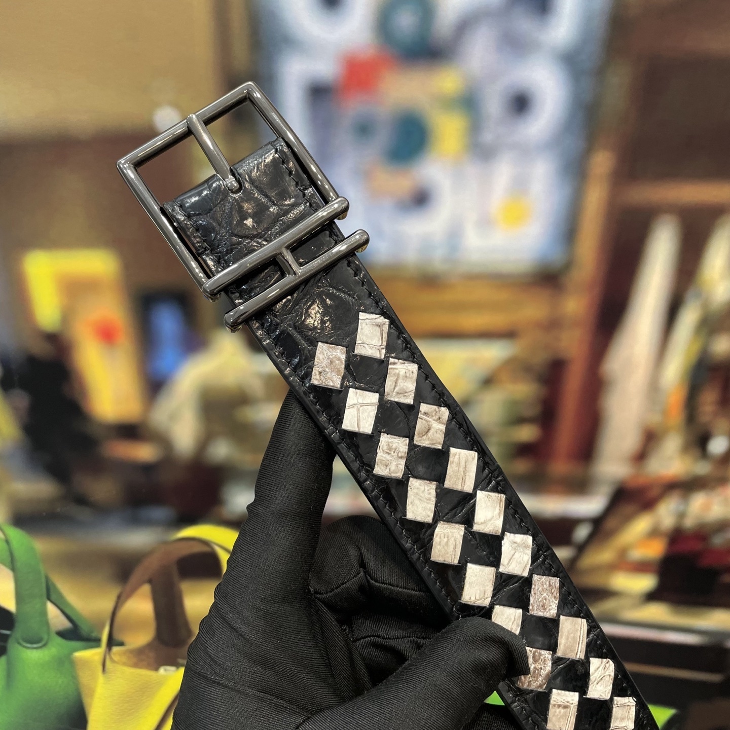 Luxury Woven Crocodile Leather Belt - Two-Tone Exotic Design