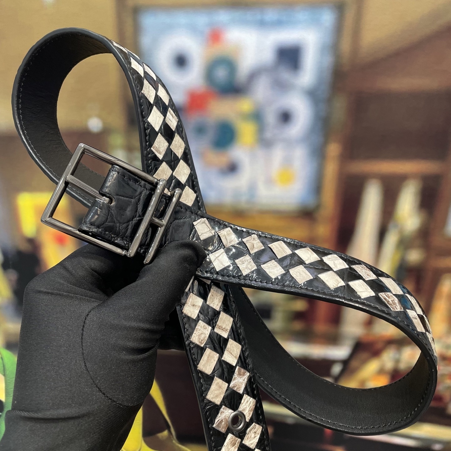 Luxury Woven Crocodile Leather Belt - Two-Tone Exotic Design