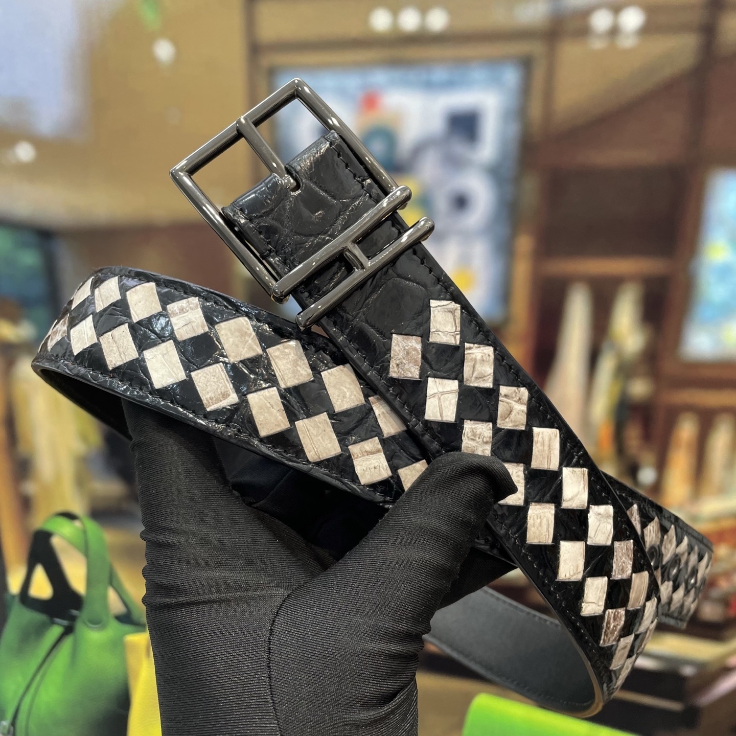 Luxury Woven Crocodile Leather Belt - Two-Tone Exotic Design