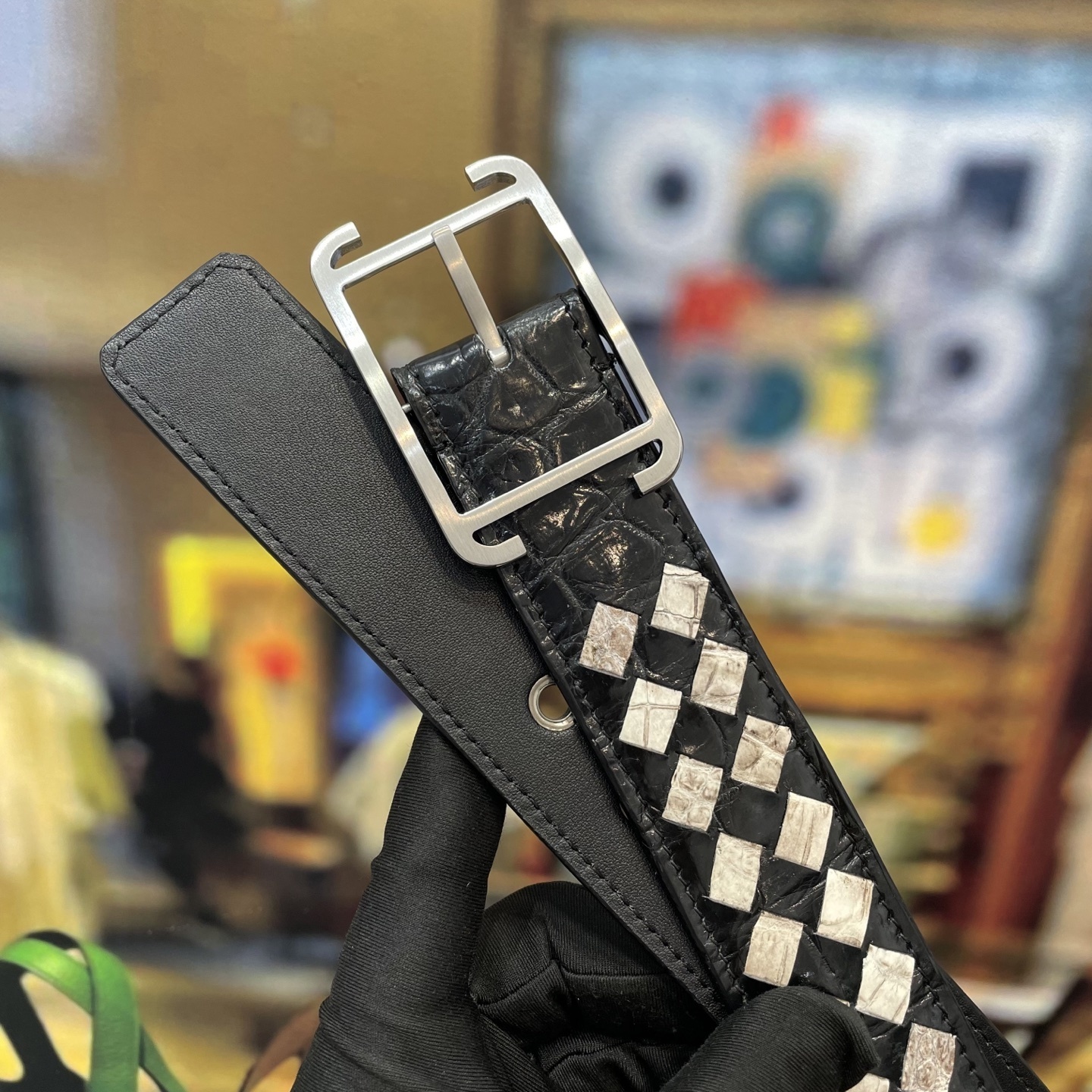 Premium Woven Exotic Leather Belt with Brushed Metal Buckle