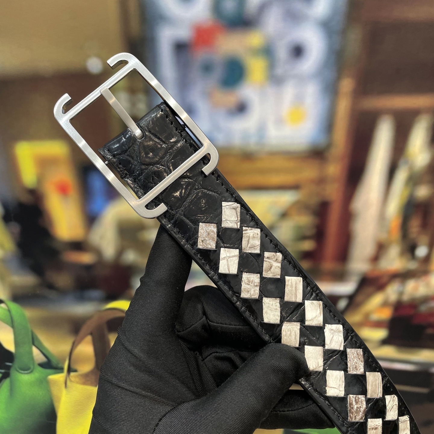 Premium Woven Exotic Leather Belt with Brushed Metal Buckle