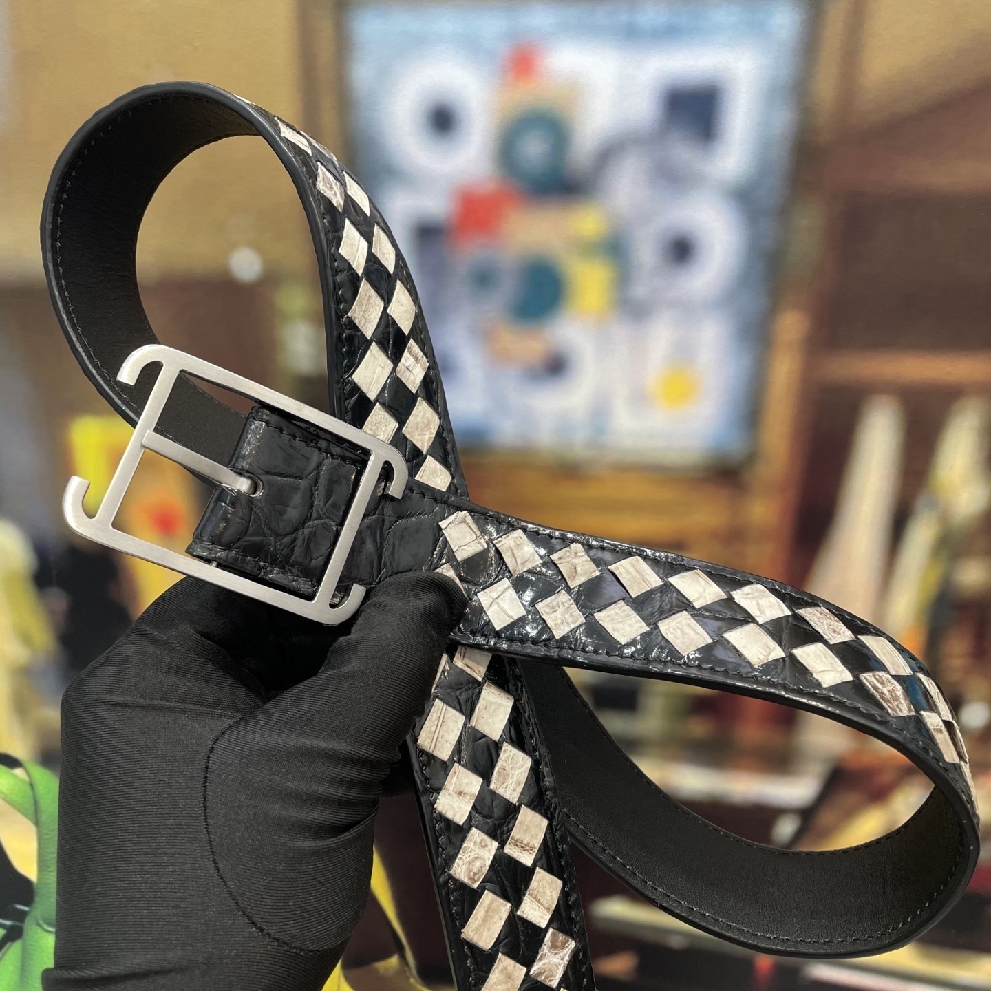 Premium Woven Exotic Leather Belt with Brushed Metal Buckle