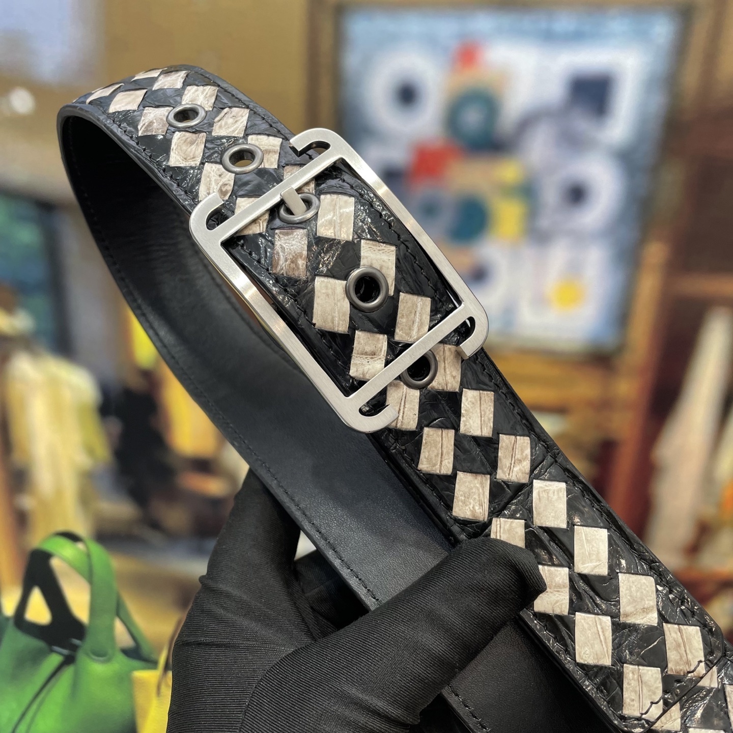 Premium Woven Exotic Leather Belt with Brushed Metal Buckle