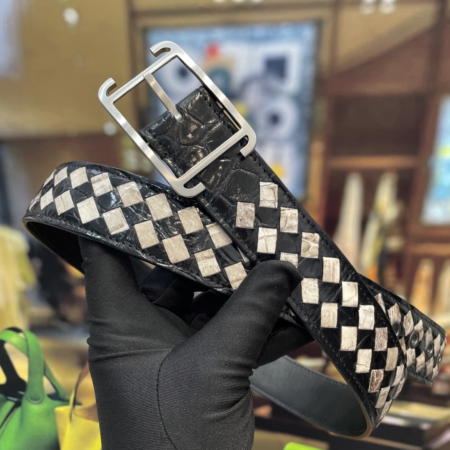 Premium Woven Exotic Leather Belt with Brushed Metal Buckle