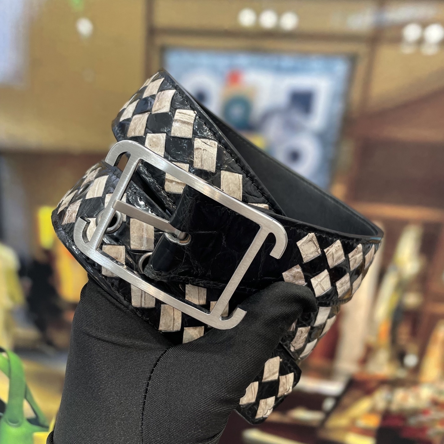 Premium Woven Exotic Leather Belt with Brushed Metal Buckle