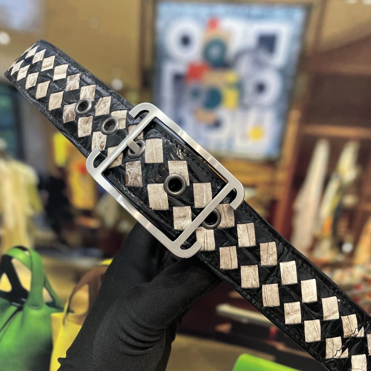 Premium Woven Exotic Leather Belt with Brushed Metal Buckle