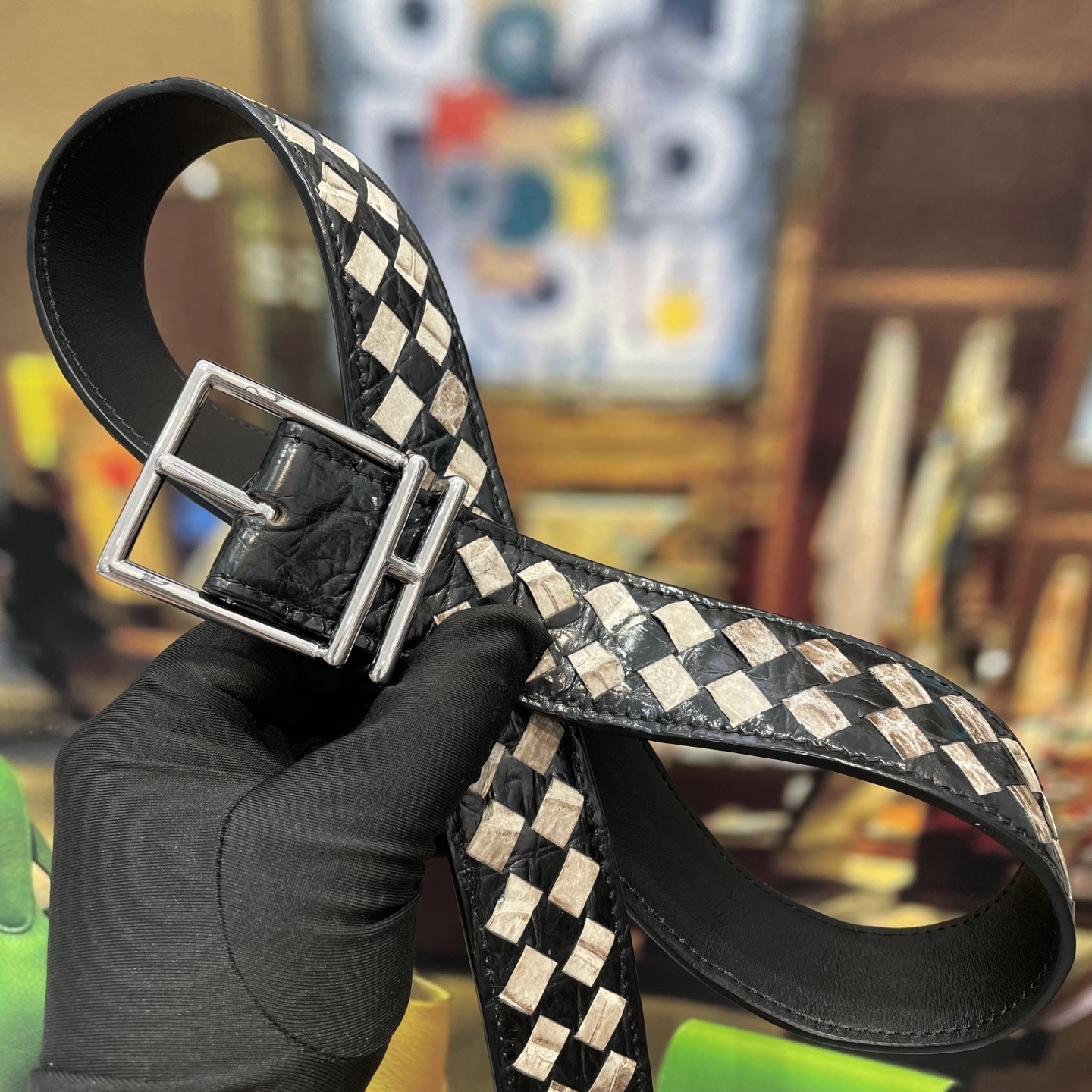 Bottega Veneta Men's Intrecciato Woven Leather Belt - Black & White