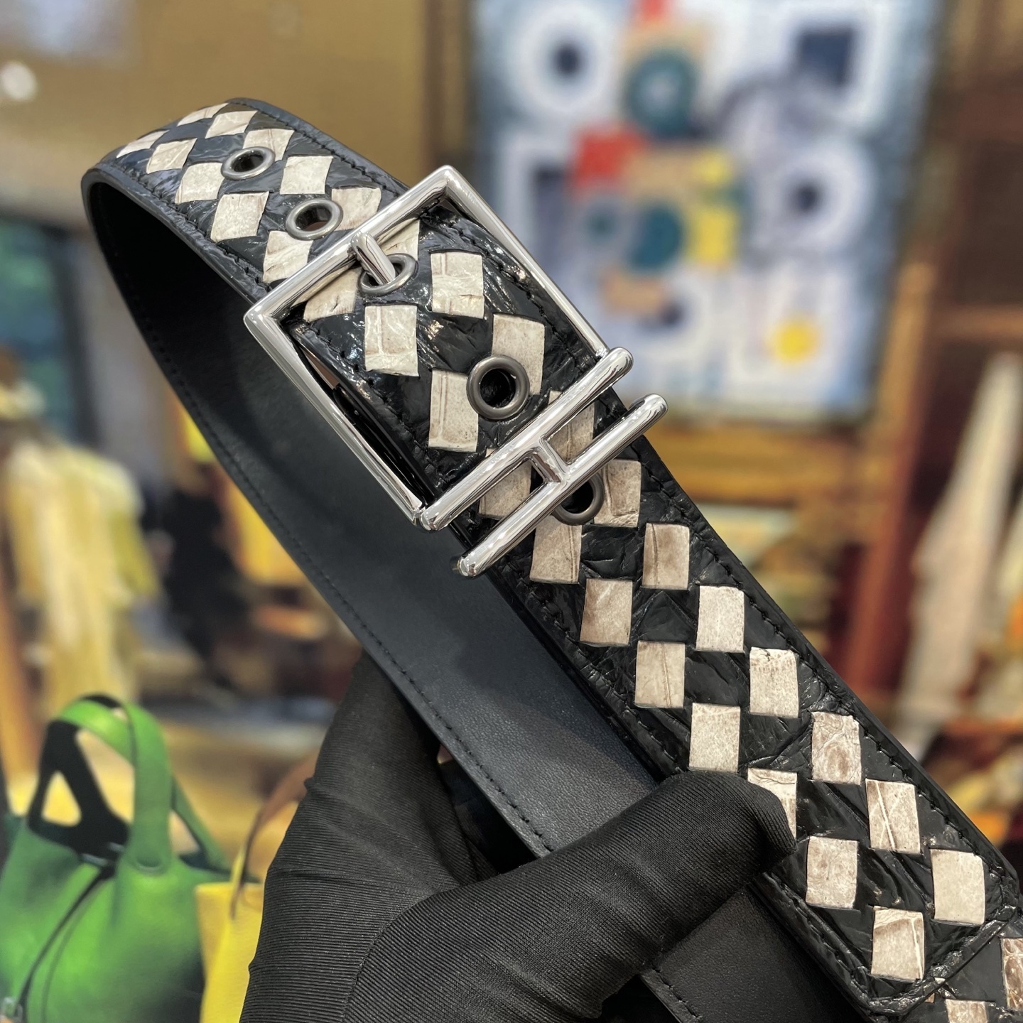 Bottega Veneta Men's Intrecciato Woven Leather Belt - Black & White