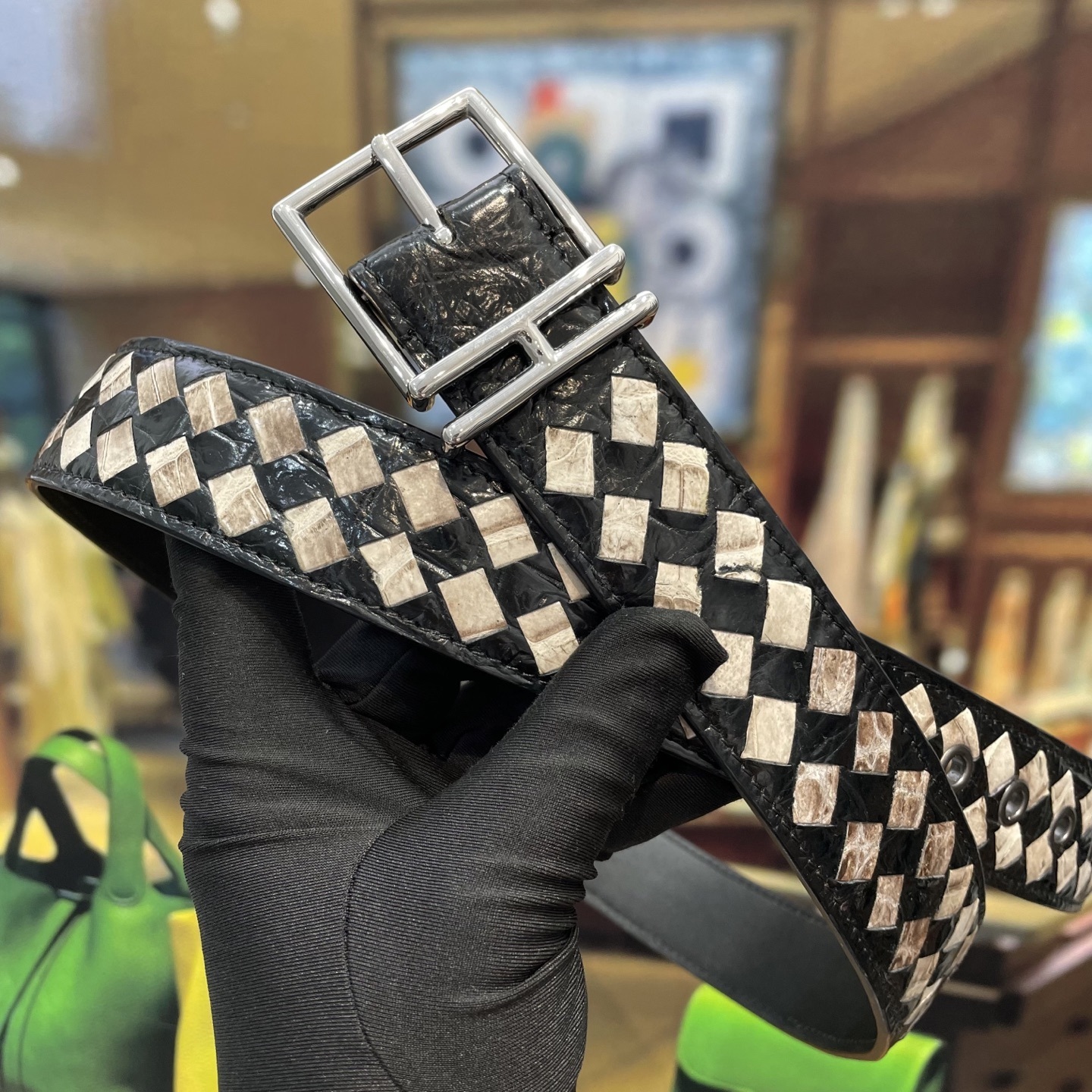 Bottega Veneta Men's Intrecciato Woven Leather Belt - Black & White