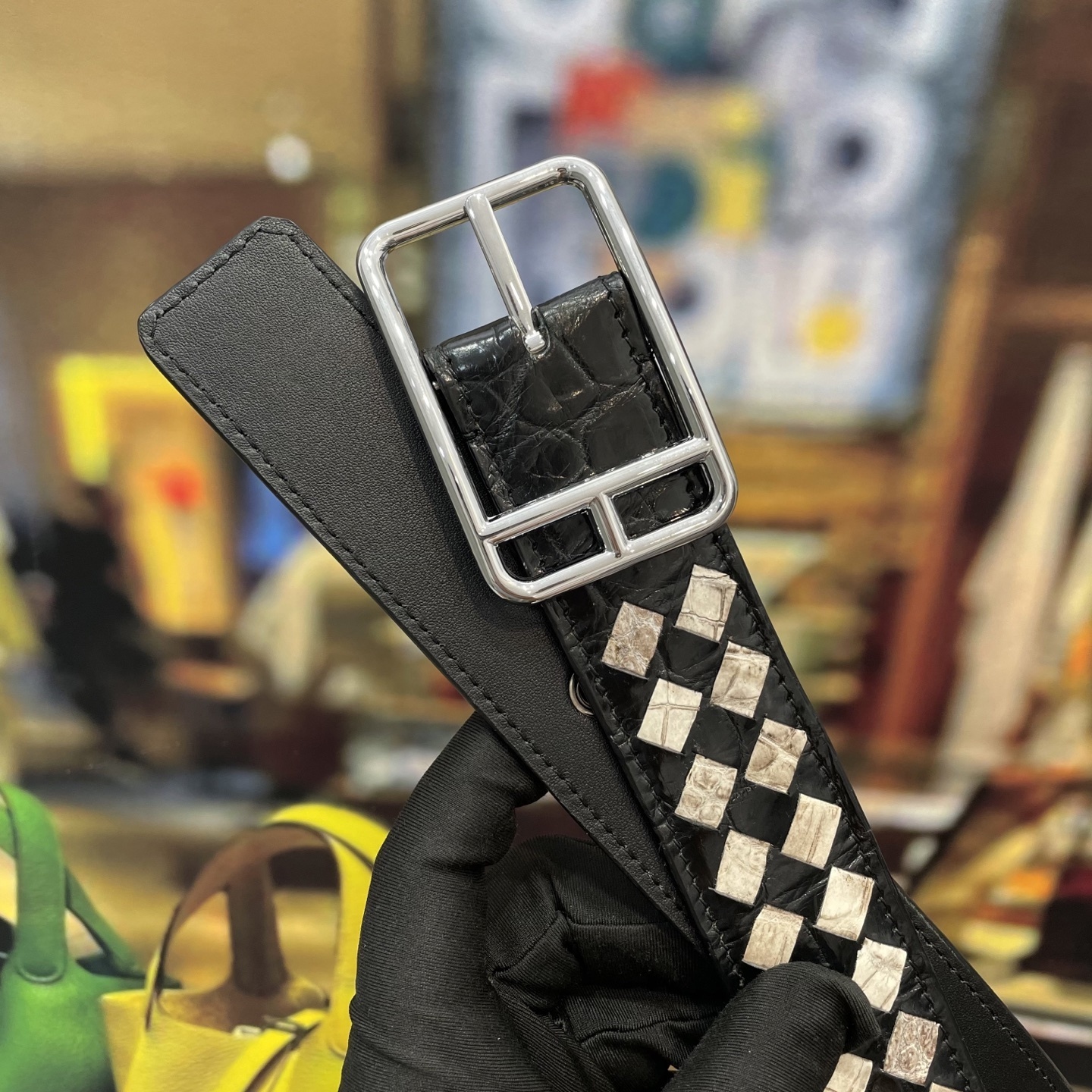 Luxury Hand-Woven Leather Belt - Stylish Black & Cream Checkered