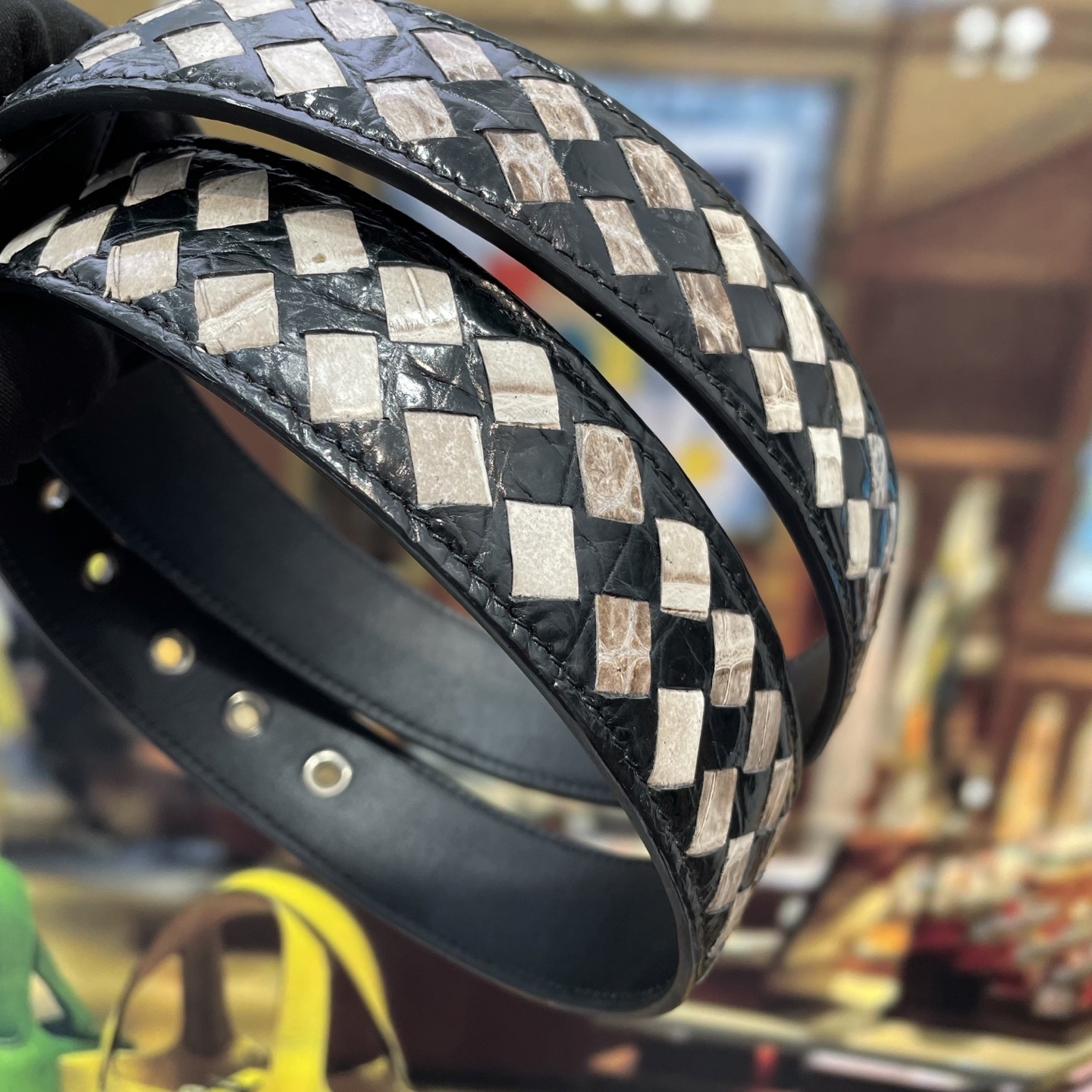 Luxury Hand-Woven Leather Belt - Stylish Black & Cream Checkered