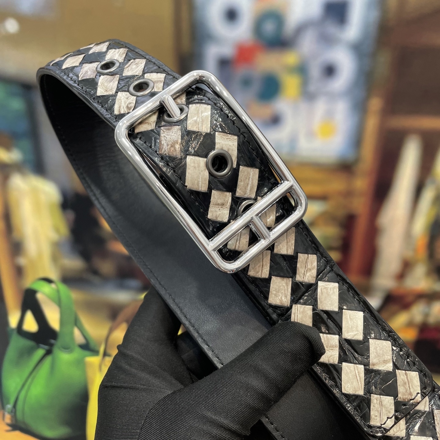 Luxury Hand-Woven Leather Belt - Stylish Black & Cream Checkered