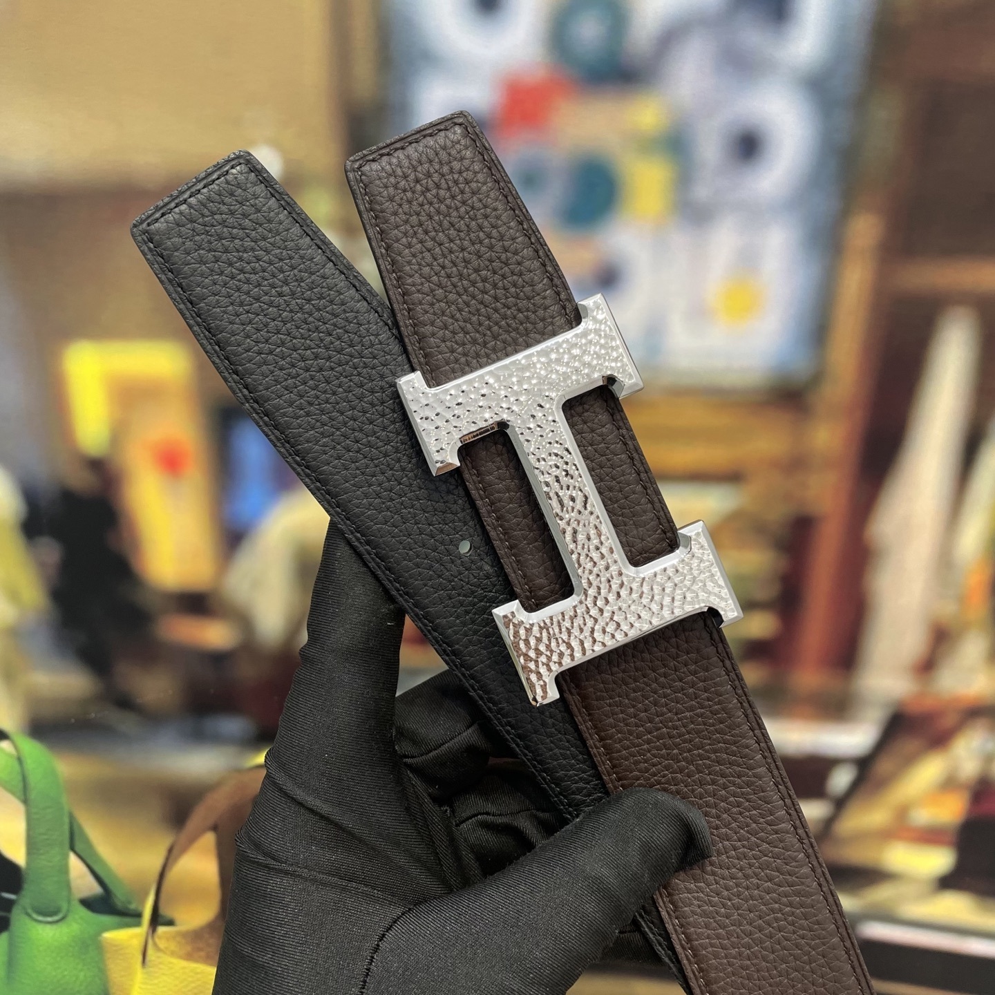 Luxury Men's Brown Pebbled Leather Belt with Silver H Buckle