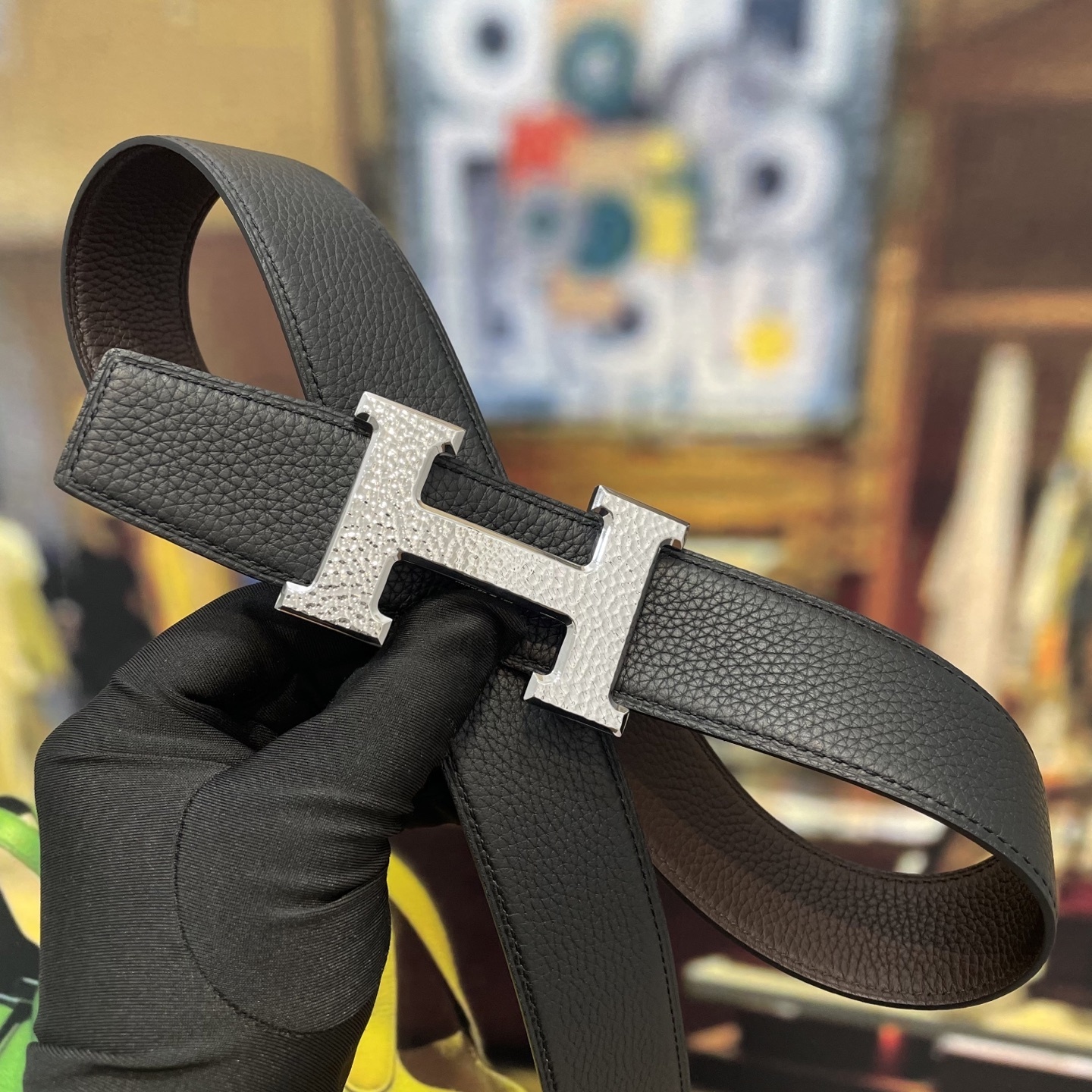 Luxury Men's Brown Pebbled Leather Belt with Silver H Buckle