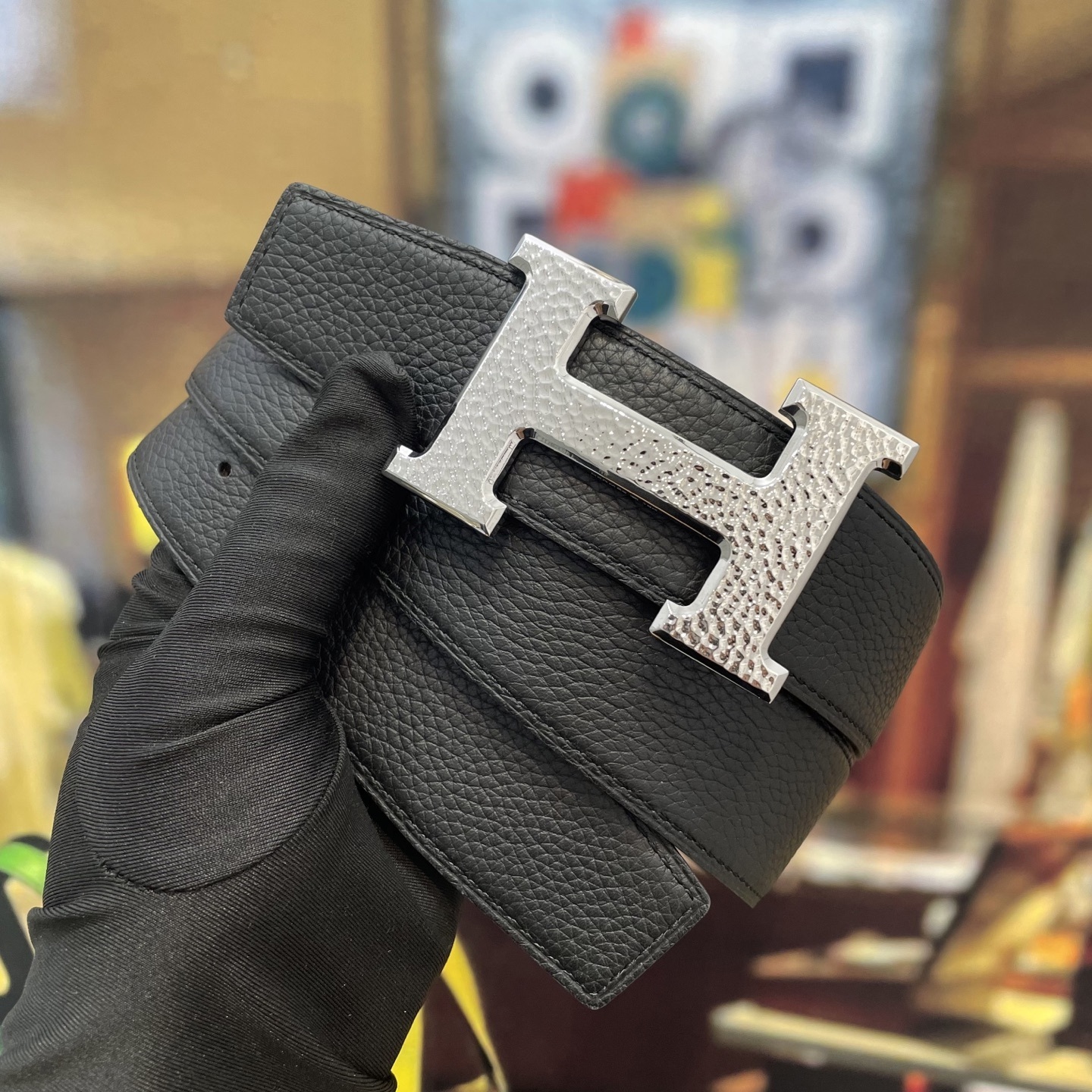 Luxury Men's Brown Pebbled Leather Belt with Silver H Buckle