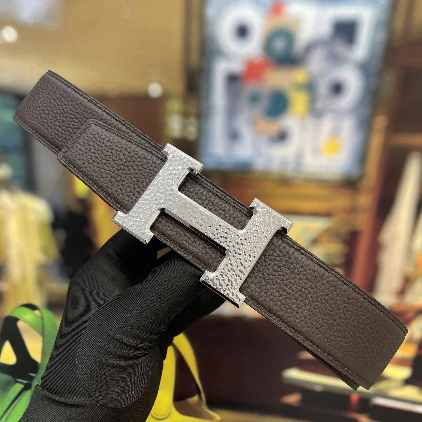 Luxury Men’s Brown Pebbled Leather Belt with Silver H Buckle