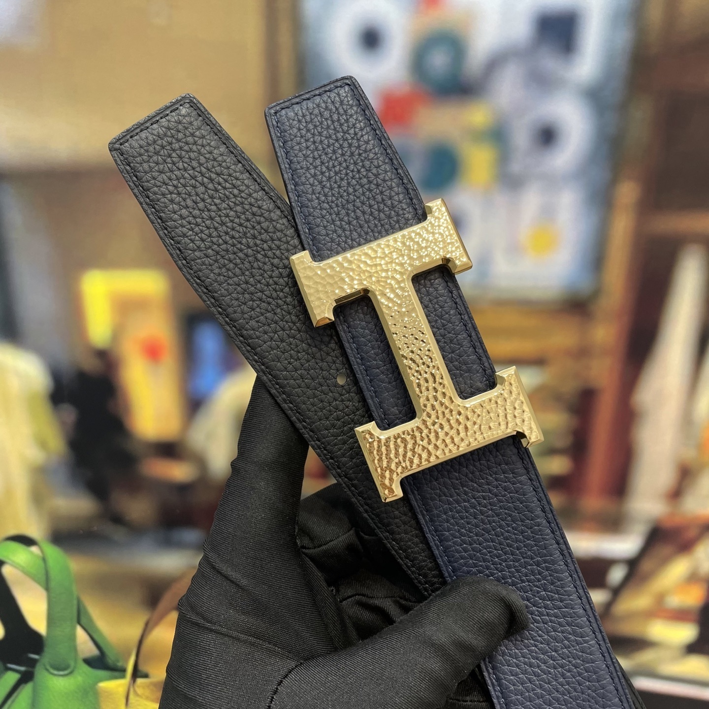 Luxury Navy Blue Leather Belt with Gold Hammered H Buckle