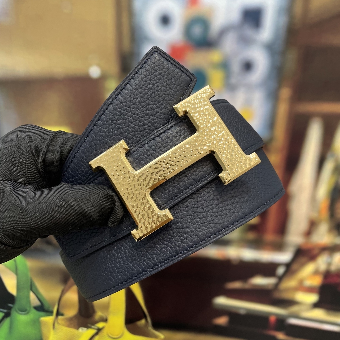 Luxury Navy Blue Leather Belt with Gold Hammered H Buckle