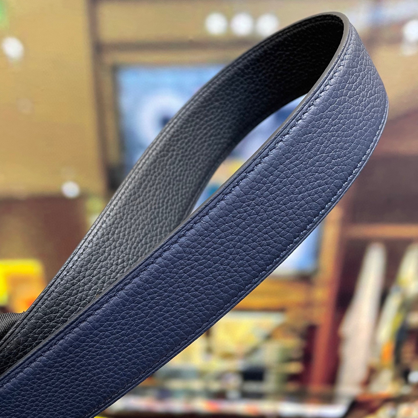 Luxury Navy Blue Leather Belt with Gold Hammered H Buckle