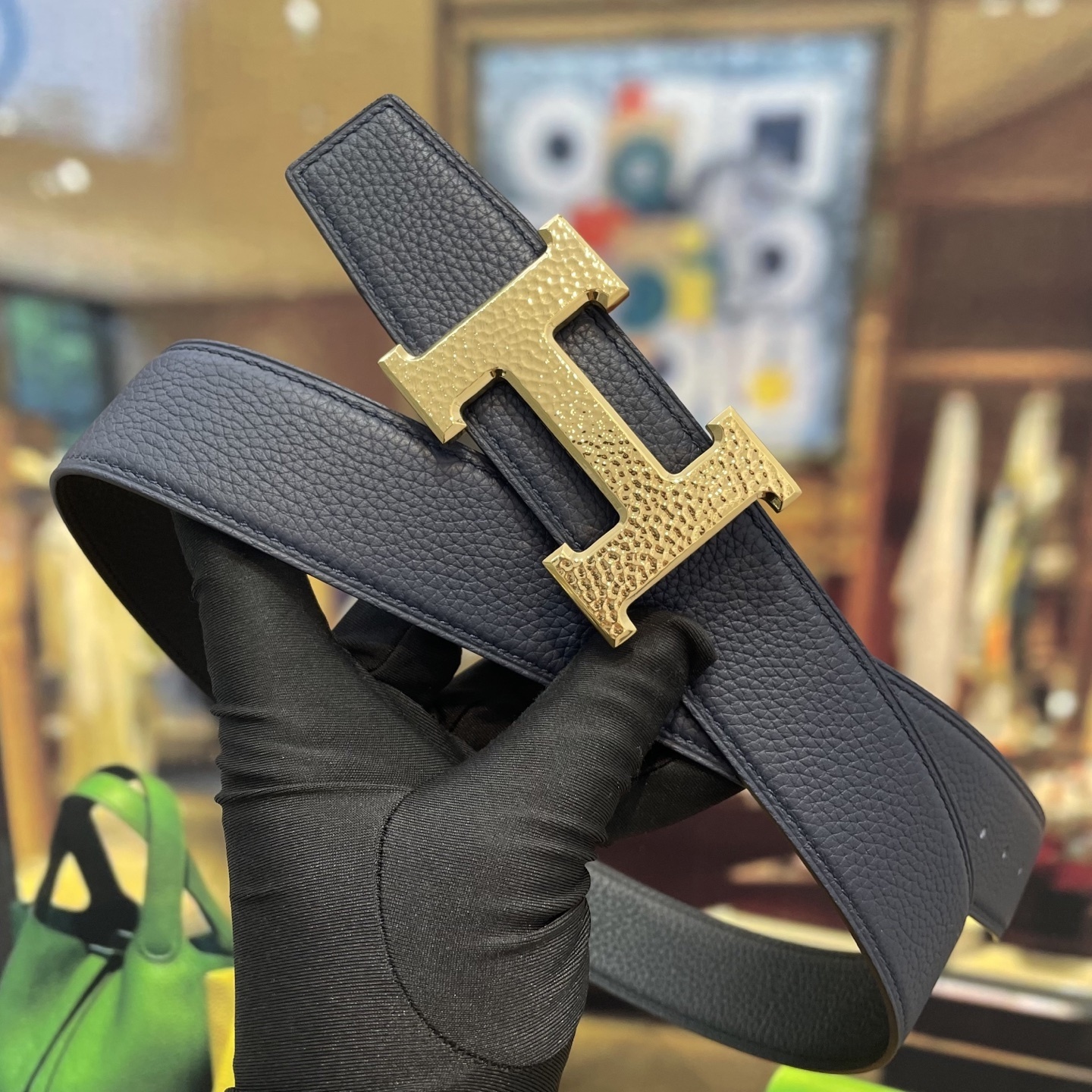 Luxury Navy Blue Leather Belt with Gold Hammered H Buckle