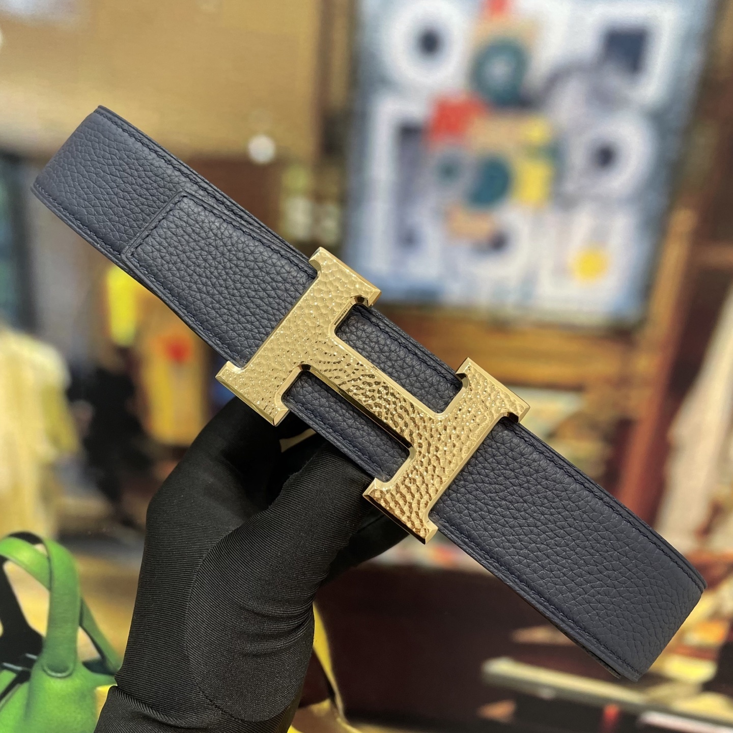 Luxury Navy Blue Leather Belt with Gold Hammered H Buckle