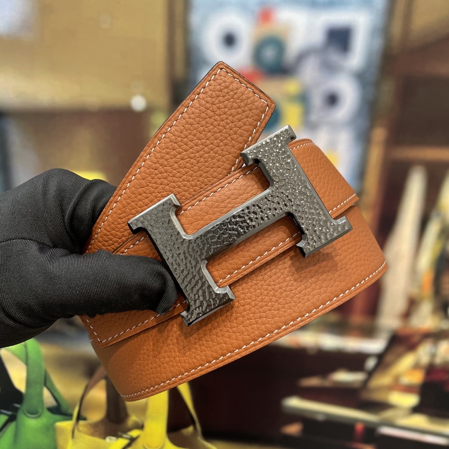 Luxury H Buckle Men's Leather Belt - Tan with White Stitching