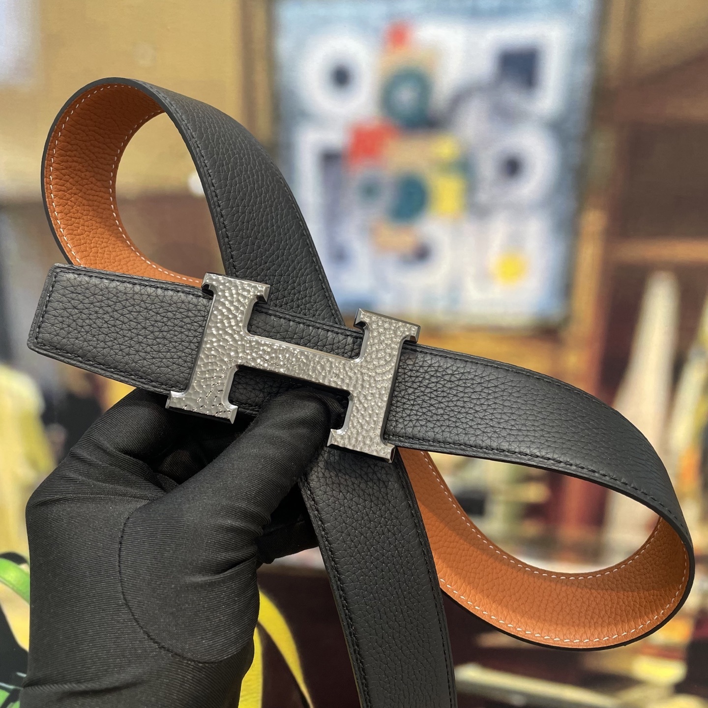 Luxury H Buckle Men's Leather Belt - Tan with White Stitching