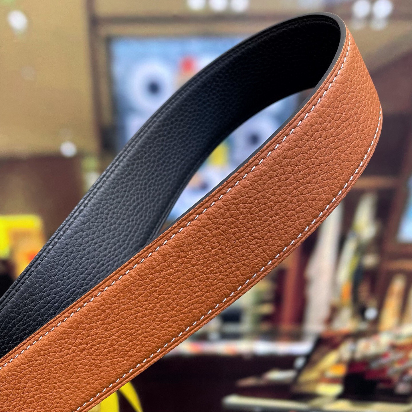 Luxury H Buckle Men's Leather Belt - Tan with White Stitching