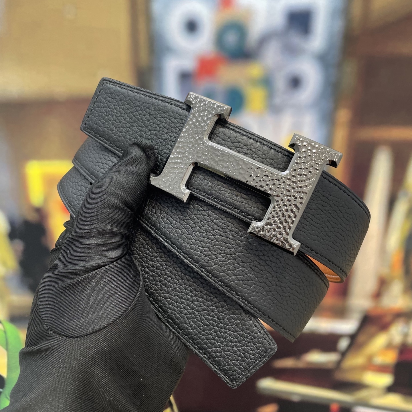 Luxury H Buckle Men's Leather Belt - Tan with White Stitching