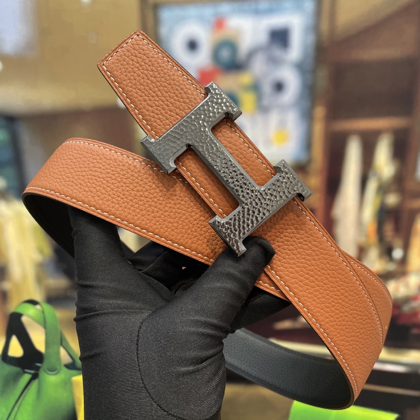 Luxury H Buckle Men's Leather Belt - Tan with White Stitching