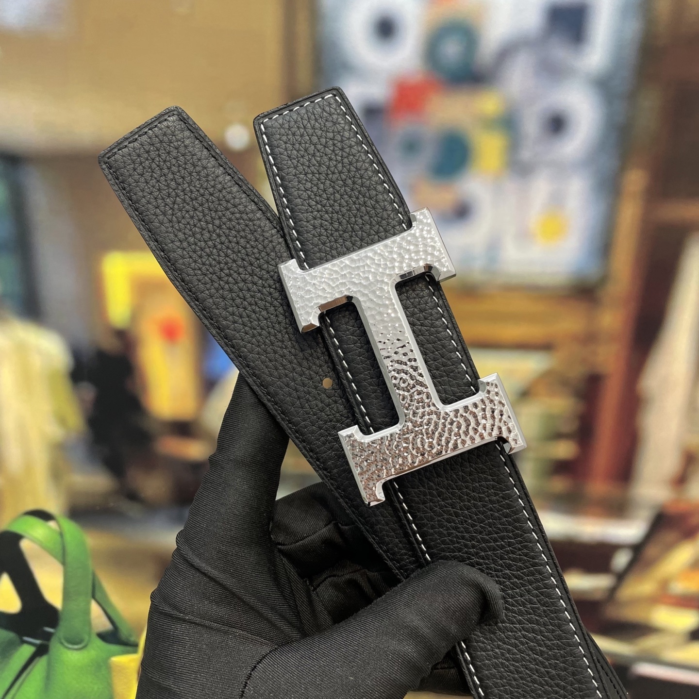 Men's Luxury Black Leather Belt - Textured Silver H Buckle