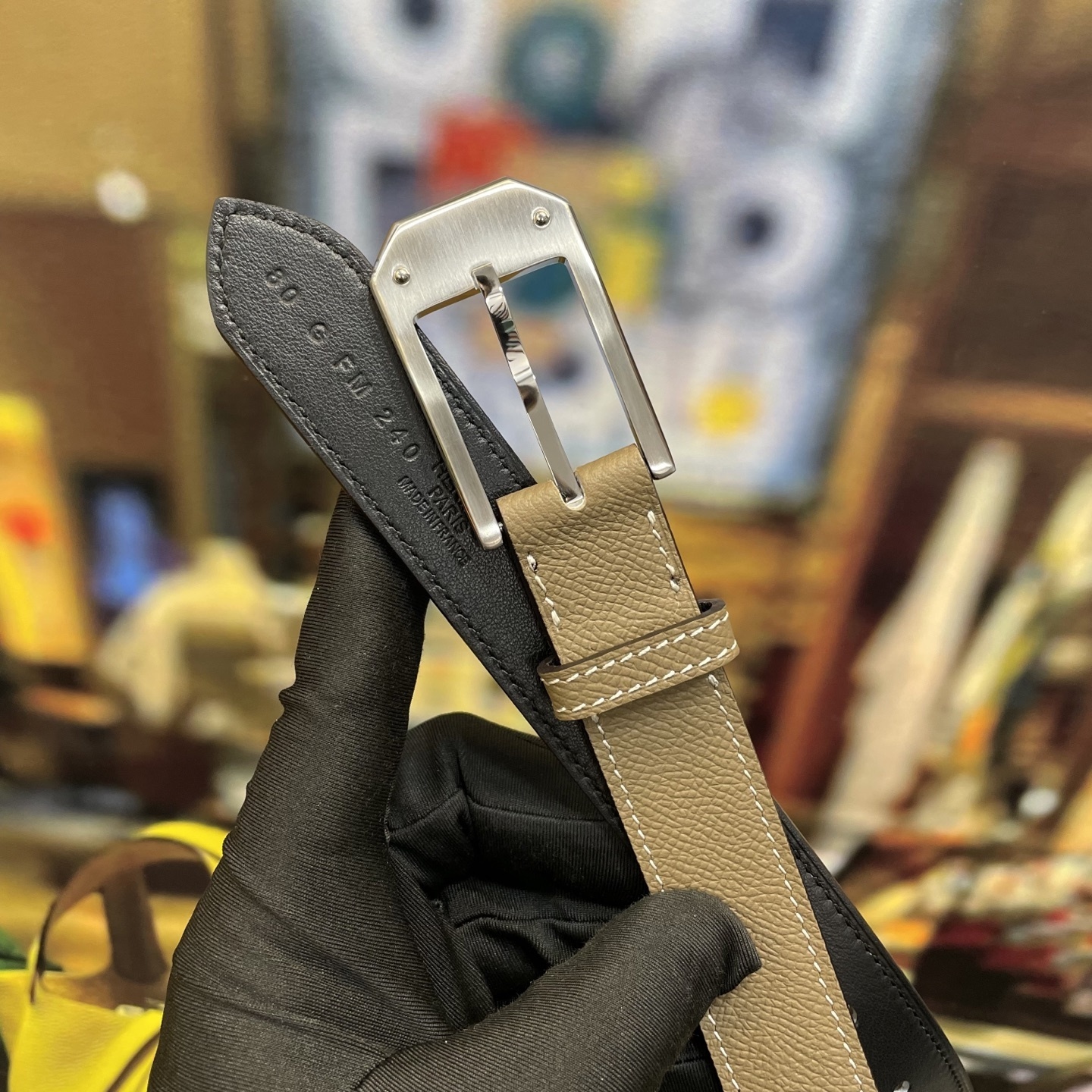 Luxury Handmade Epsom Leather Belt with Geometric Buckle - Taupe