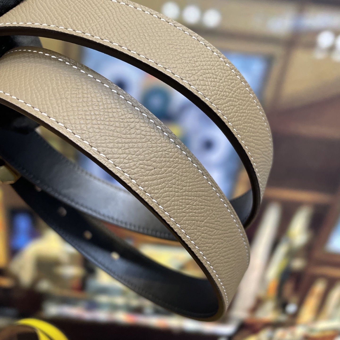 Luxury Handmade Epsom Leather Belt with Geometric Buckle - Taupe