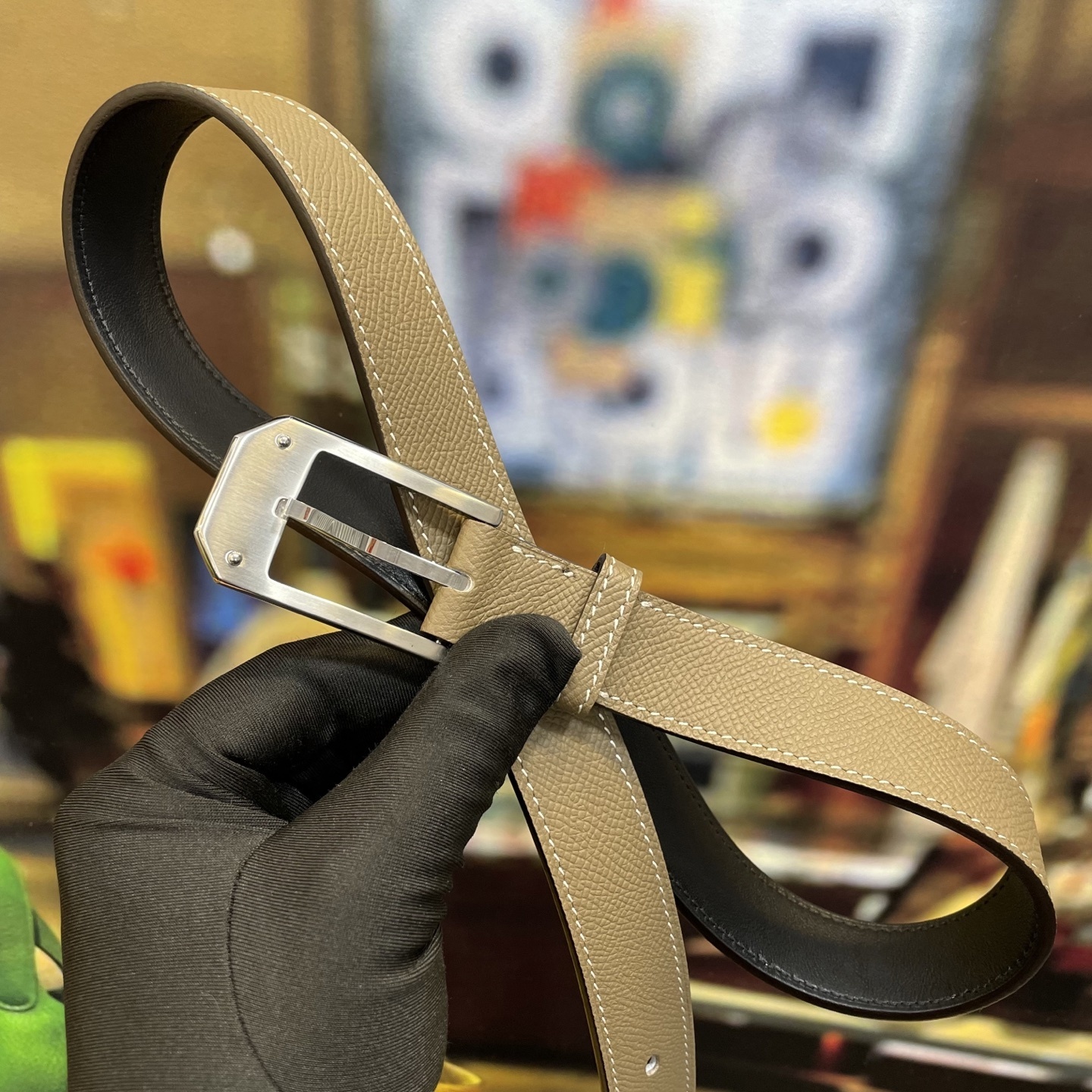 Luxury Handmade Epsom Leather Belt with Geometric Buckle - Taupe