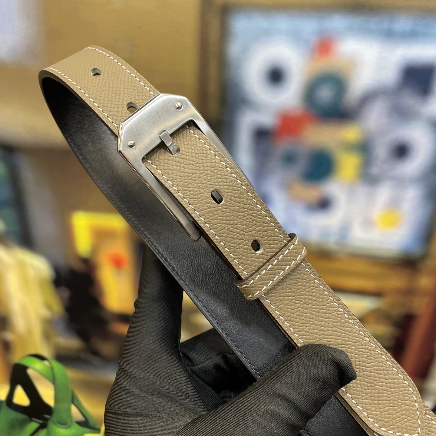 Luxury Handmade Epsom Leather Belt with Geometric Buckle - Taupe