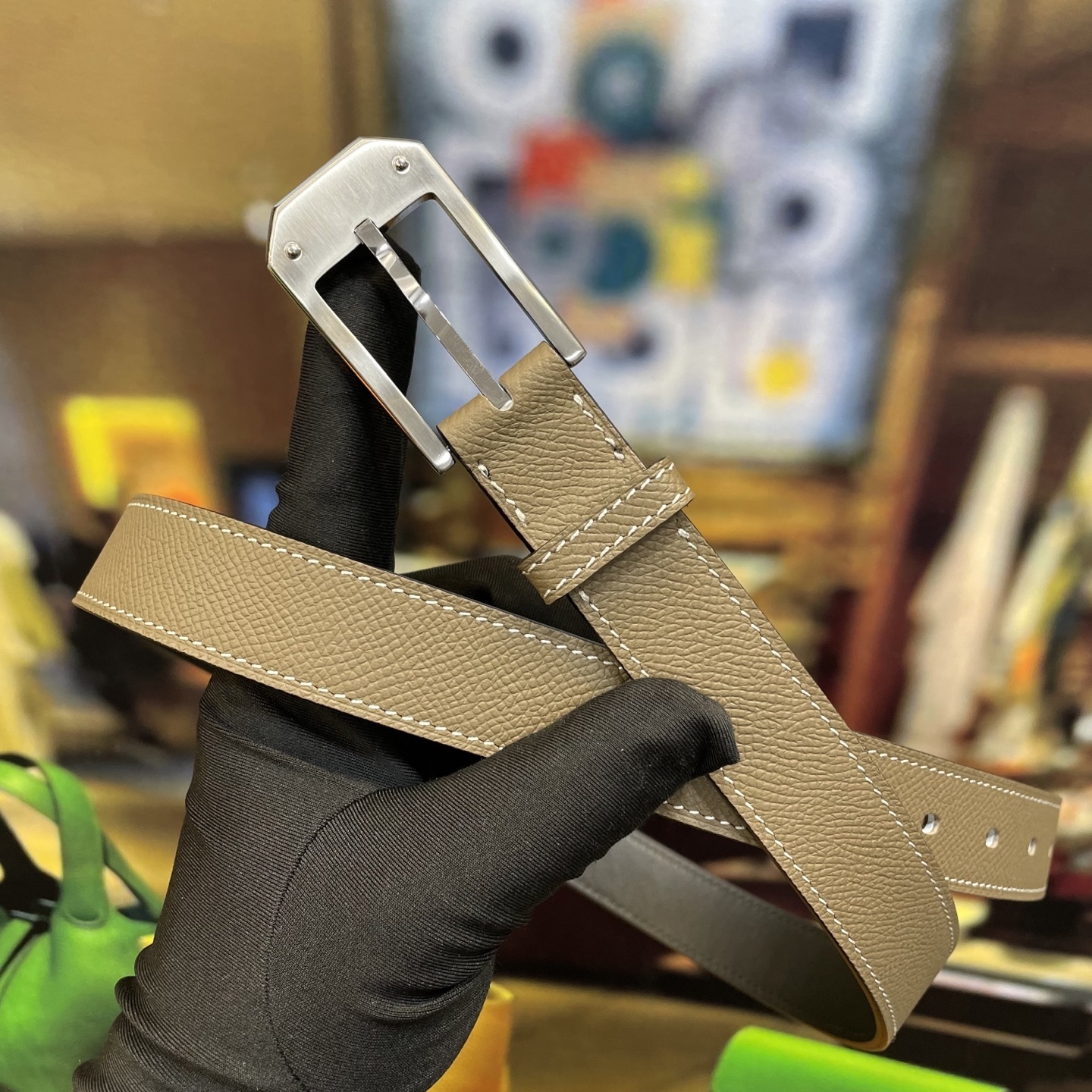 Luxury Handmade Epsom Leather Belt with Geometric Buckle - Taupe