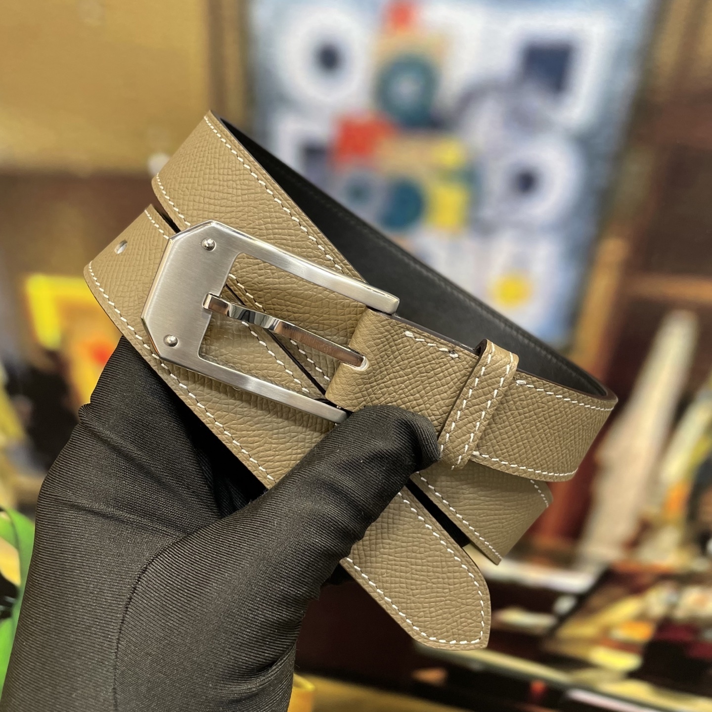 Luxury Handmade Epsom Leather Belt with Geometric Buckle - Taupe