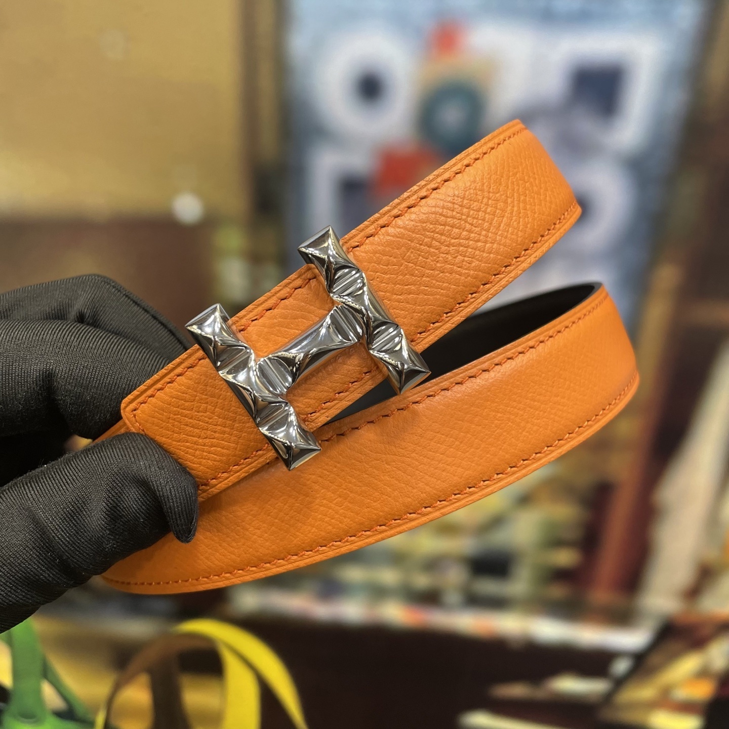 Premium Orange Leather Belt with Designer Silver H Buckle