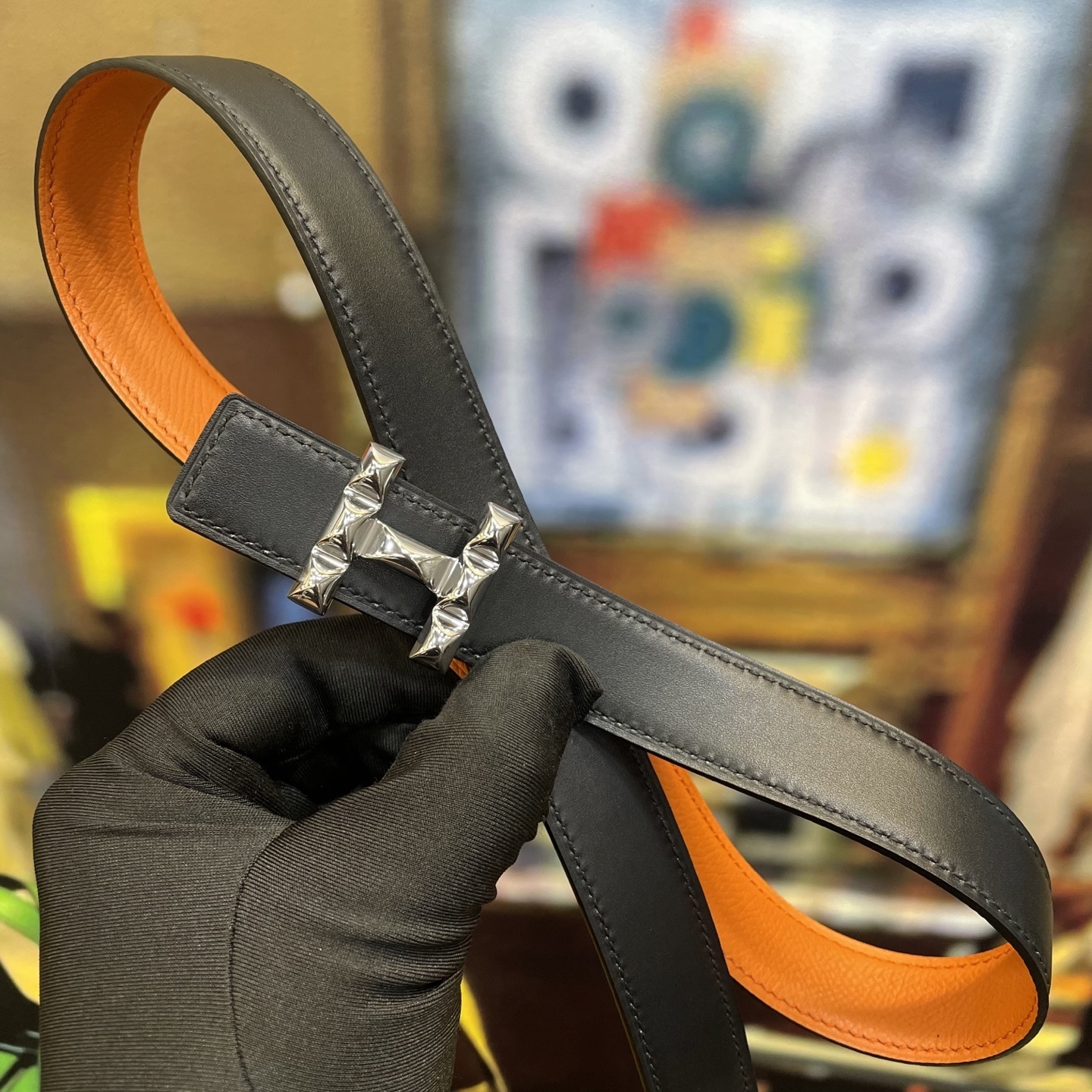 Premium Orange Leather Belt with Designer Silver H Buckle