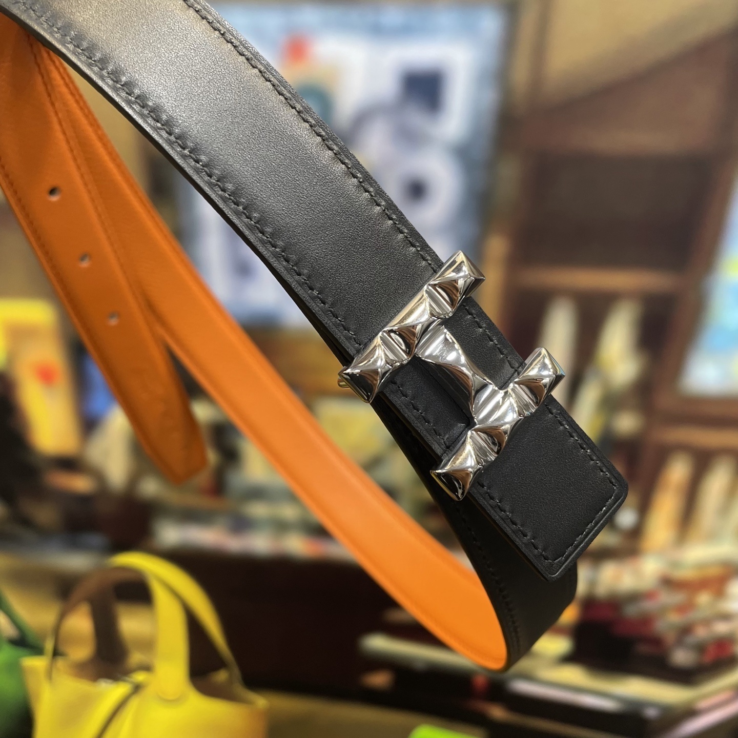 Premium Orange Leather Belt with Designer Silver H Buckle