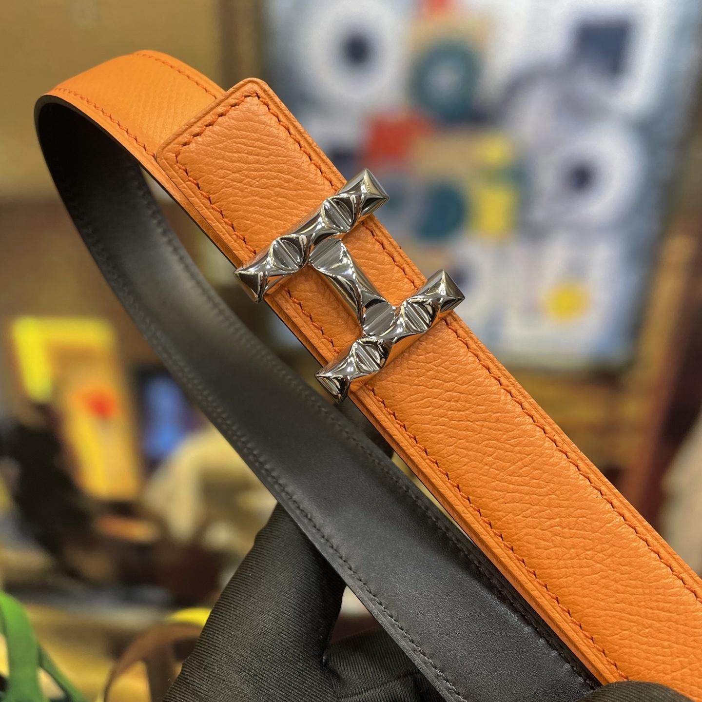 Premium Orange Leather Belt with Designer Silver H Buckle