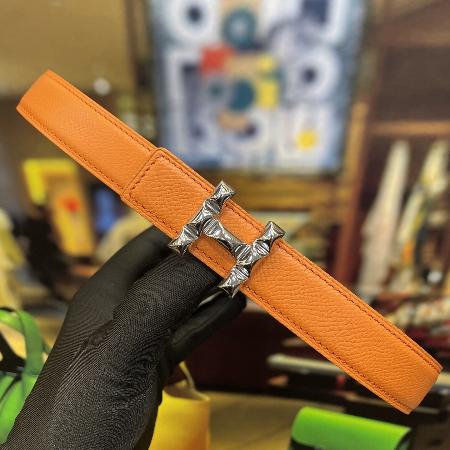 Premium Orange Leather Belt with Designer Silver H Buckle
