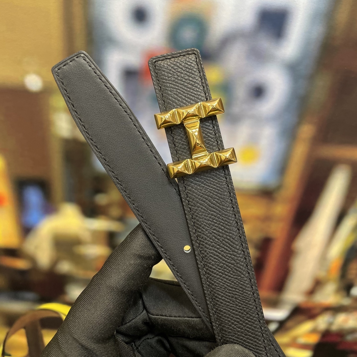 Luxury Women's Black Leather Belt with Gold Studded H-Buckle