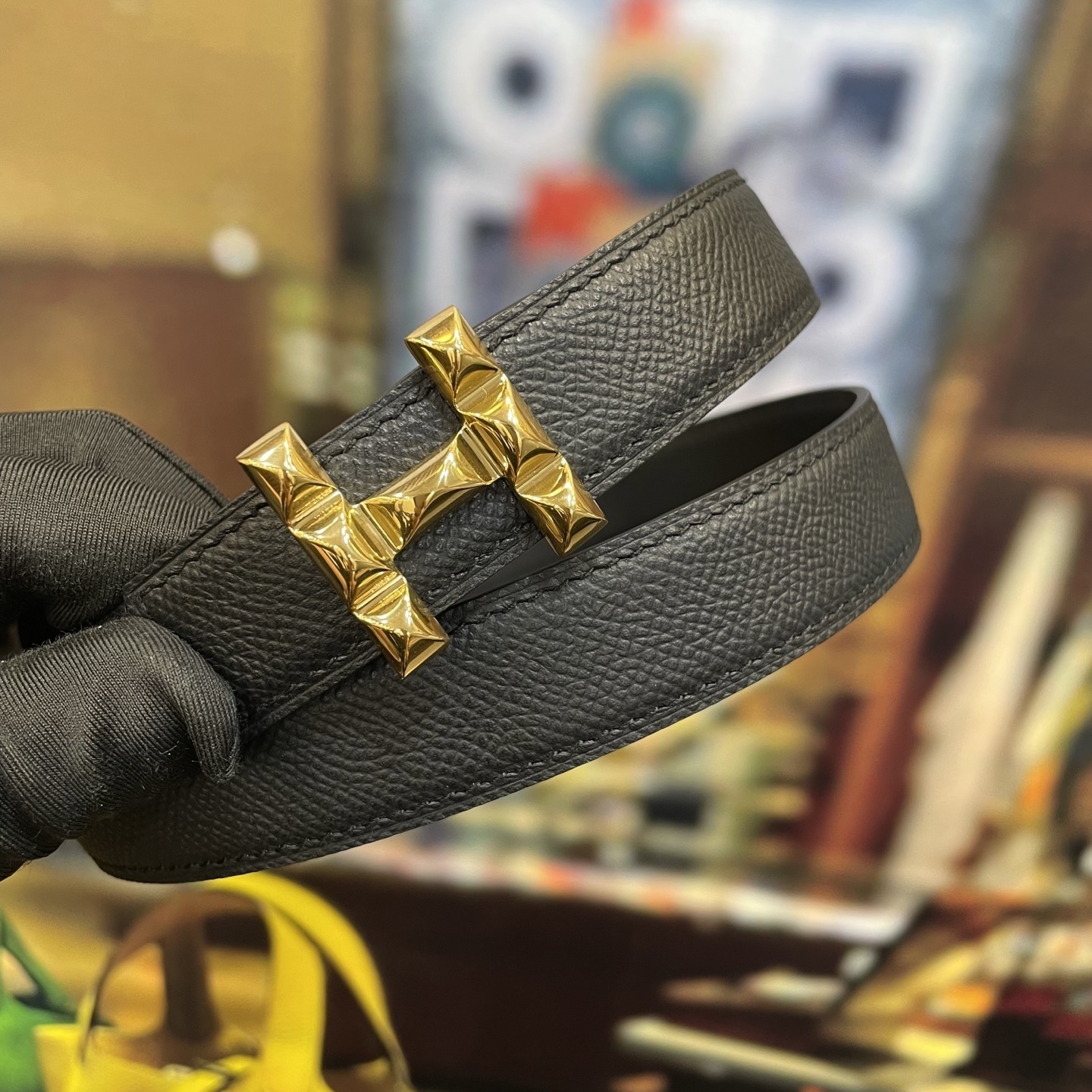 Luxury Women's Black Leather Belt with Gold Studded H-Buckle