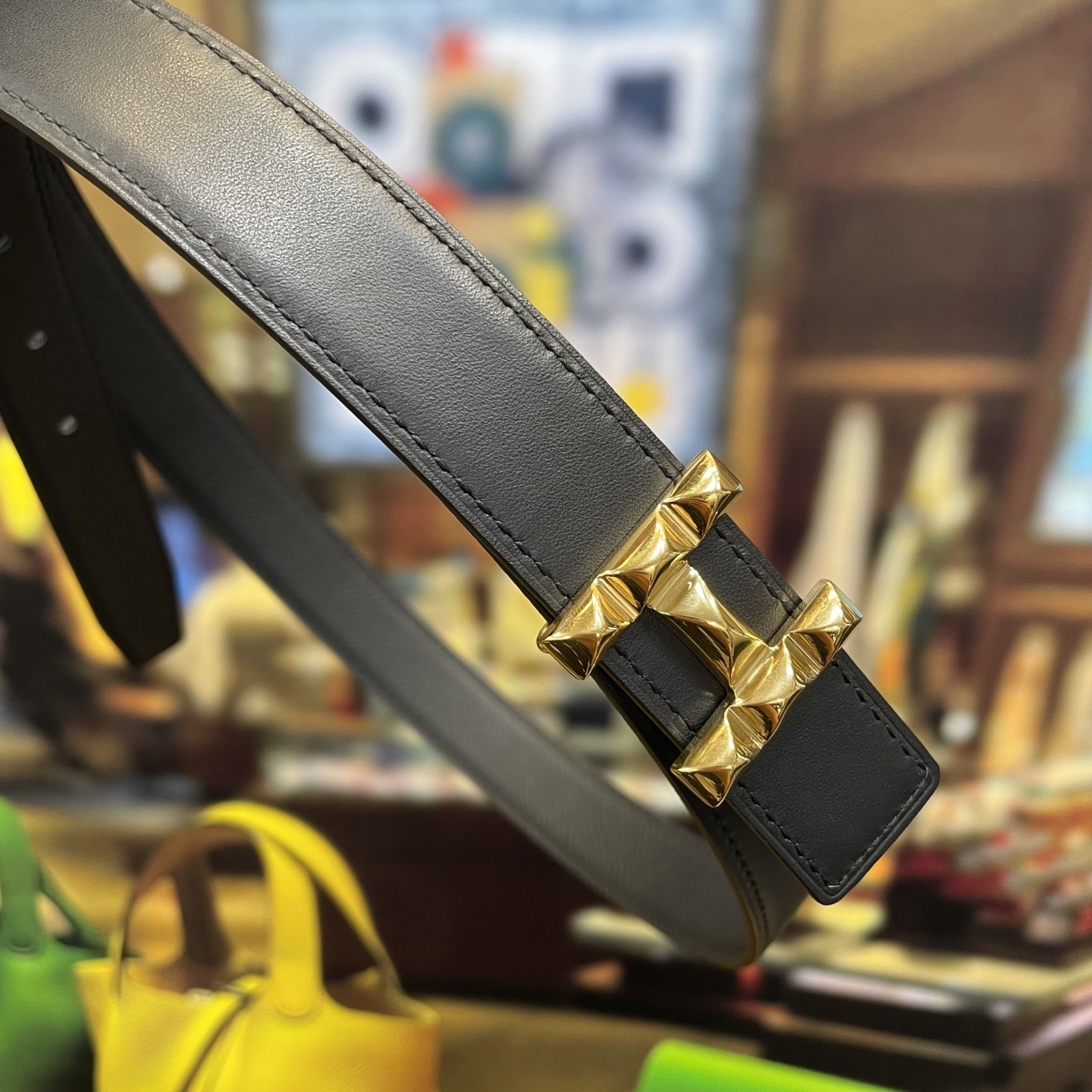 Luxury Women's Black Leather Belt with Gold Studded H-Buckle