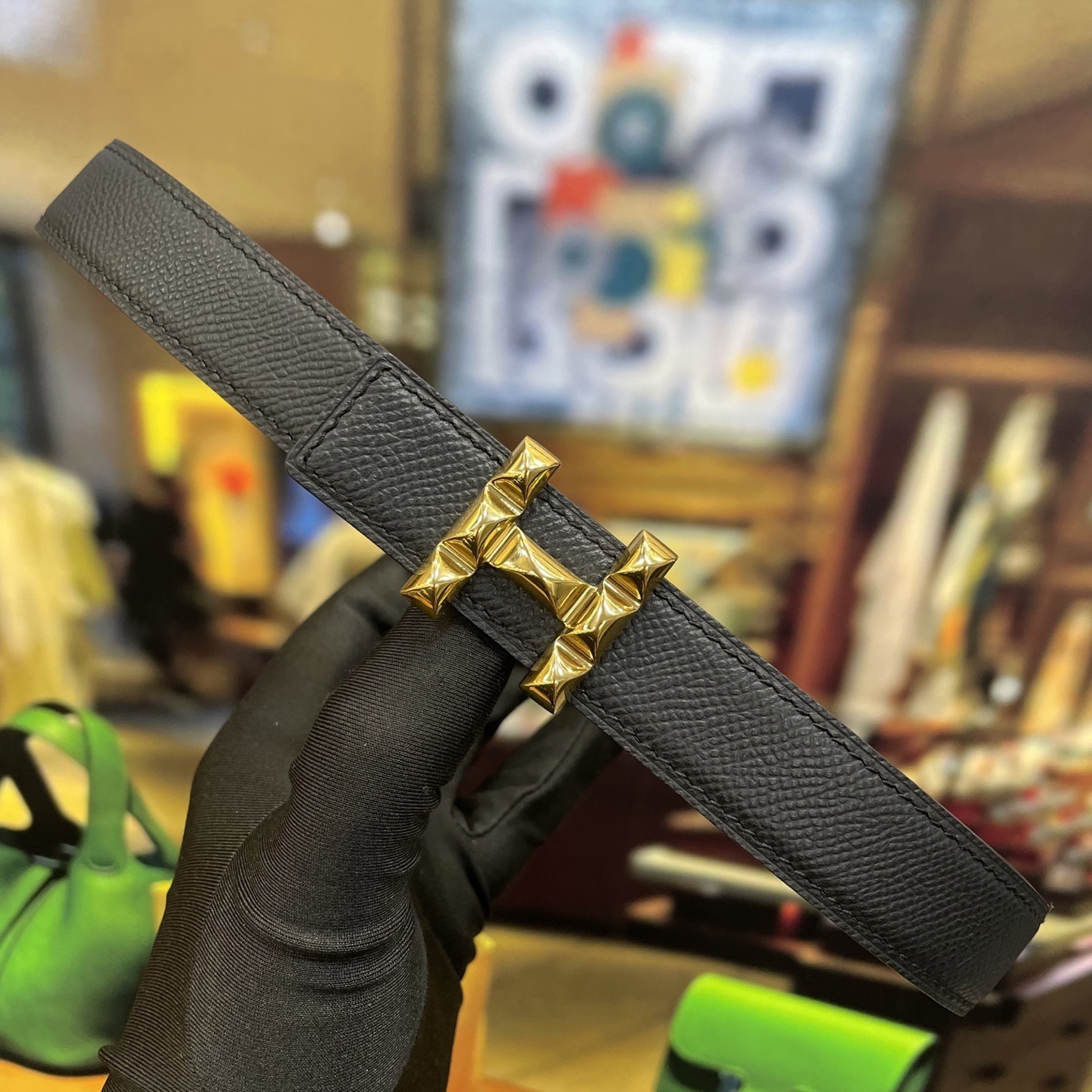 Luxury Women’s Black Leather Belt with Gold Studded H-Buckle