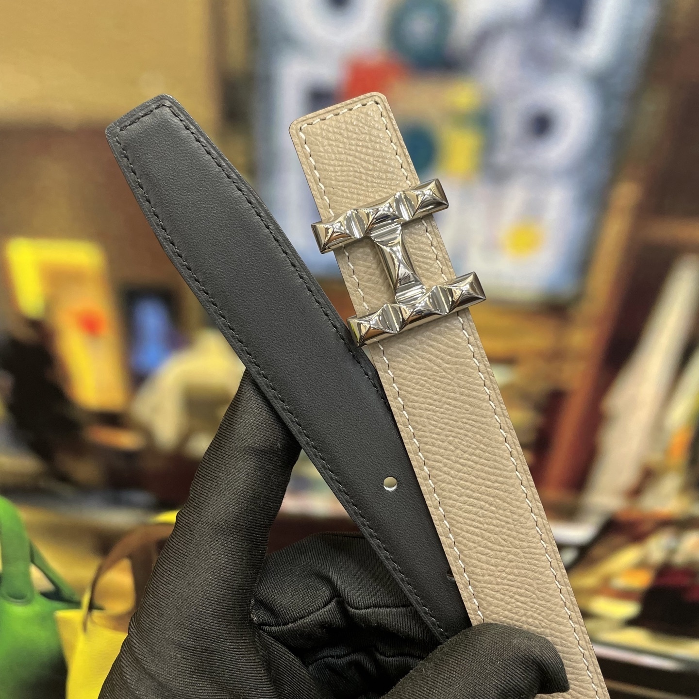 Luxury Taupe Leather Belt with Studded Silver H Buckle