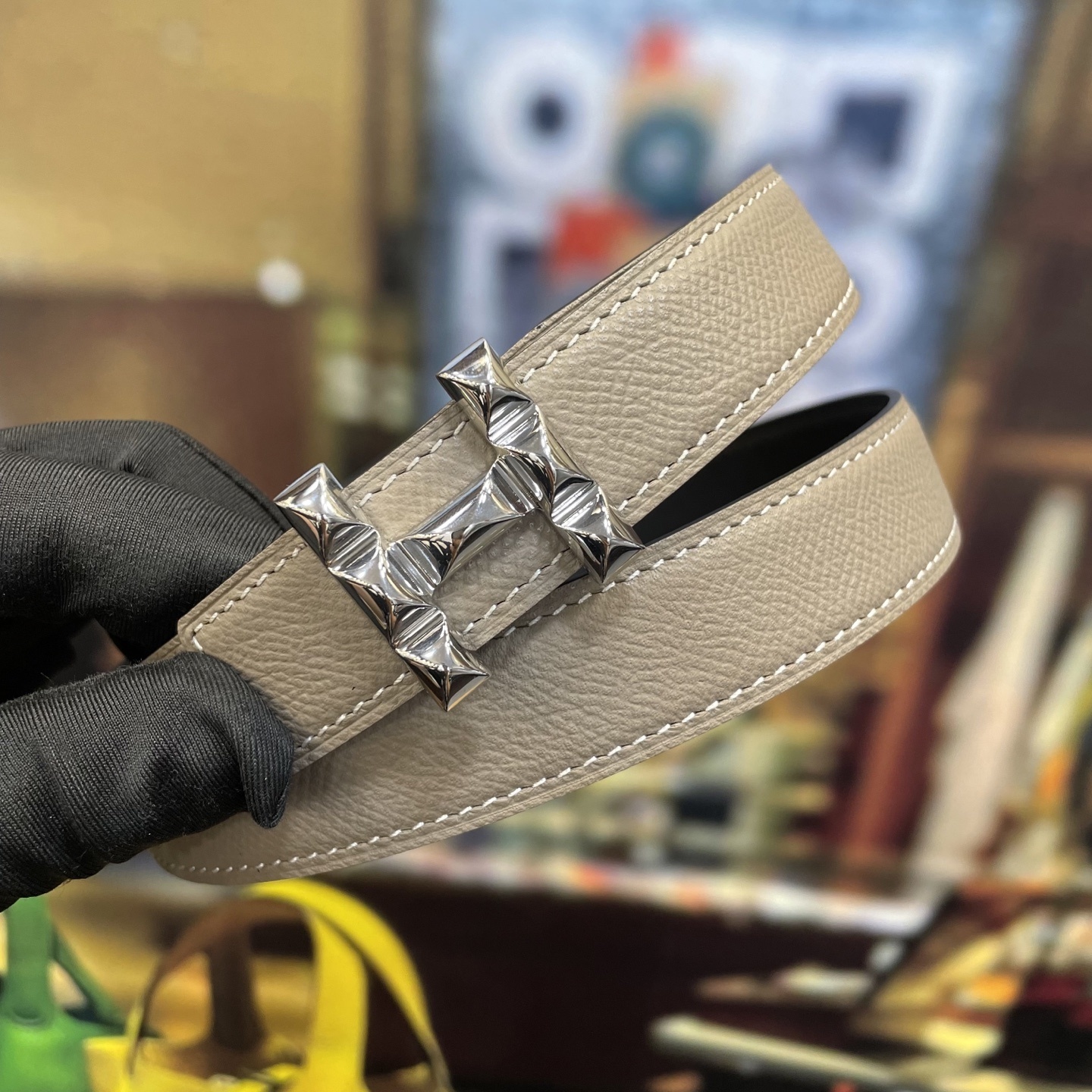 Luxury Taupe Leather Belt with Studded Silver H Buckle