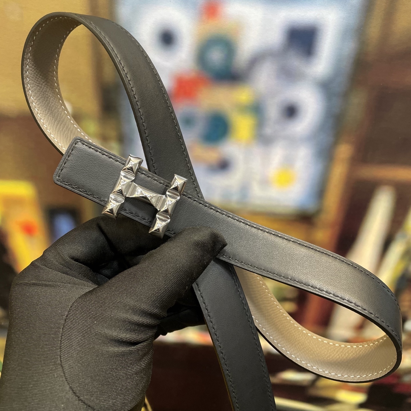 Luxury Taupe Leather Belt with Studded Silver H Buckle